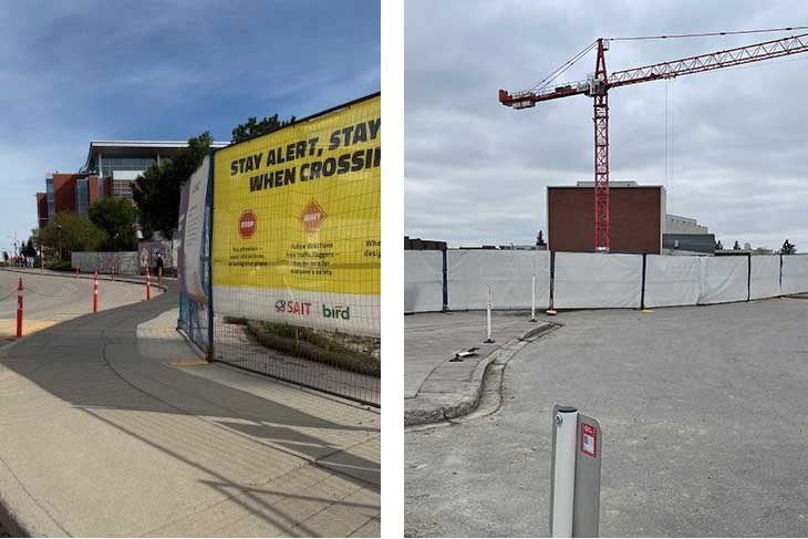 one image of a sidewalk bordered by a fence with construction signage and another image of a parking lot and a construction fence