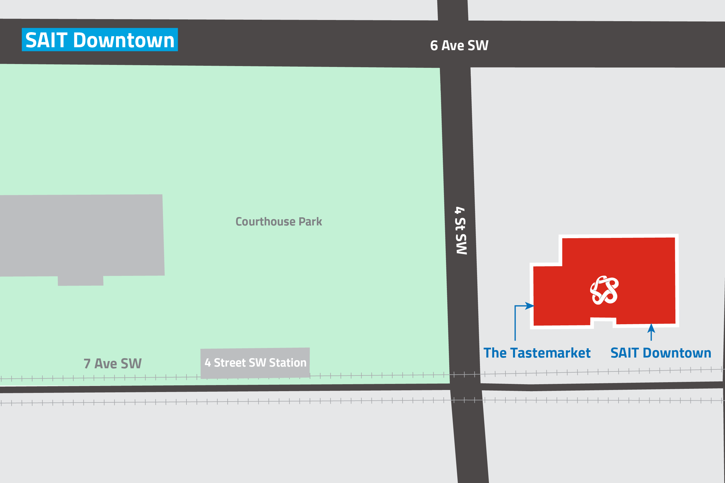 A graphic map of the location of the SAIT Downtown campus and The Tastemarket