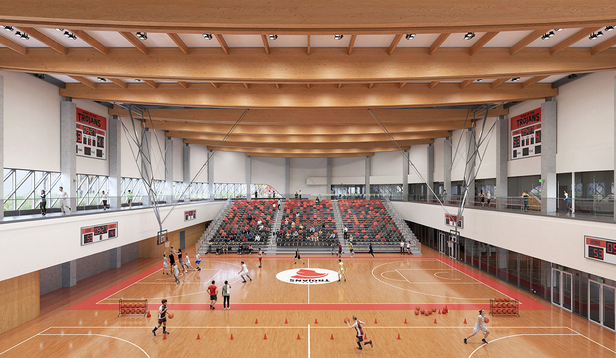 rendering of the interior gym space in the new Taylor Family Campus Centre