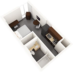 The floor plan of the studio apartment in the Begin Tower.