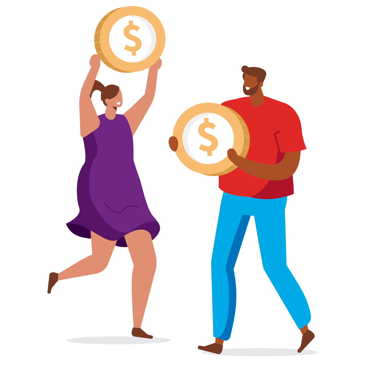 two graphic people holding money icons