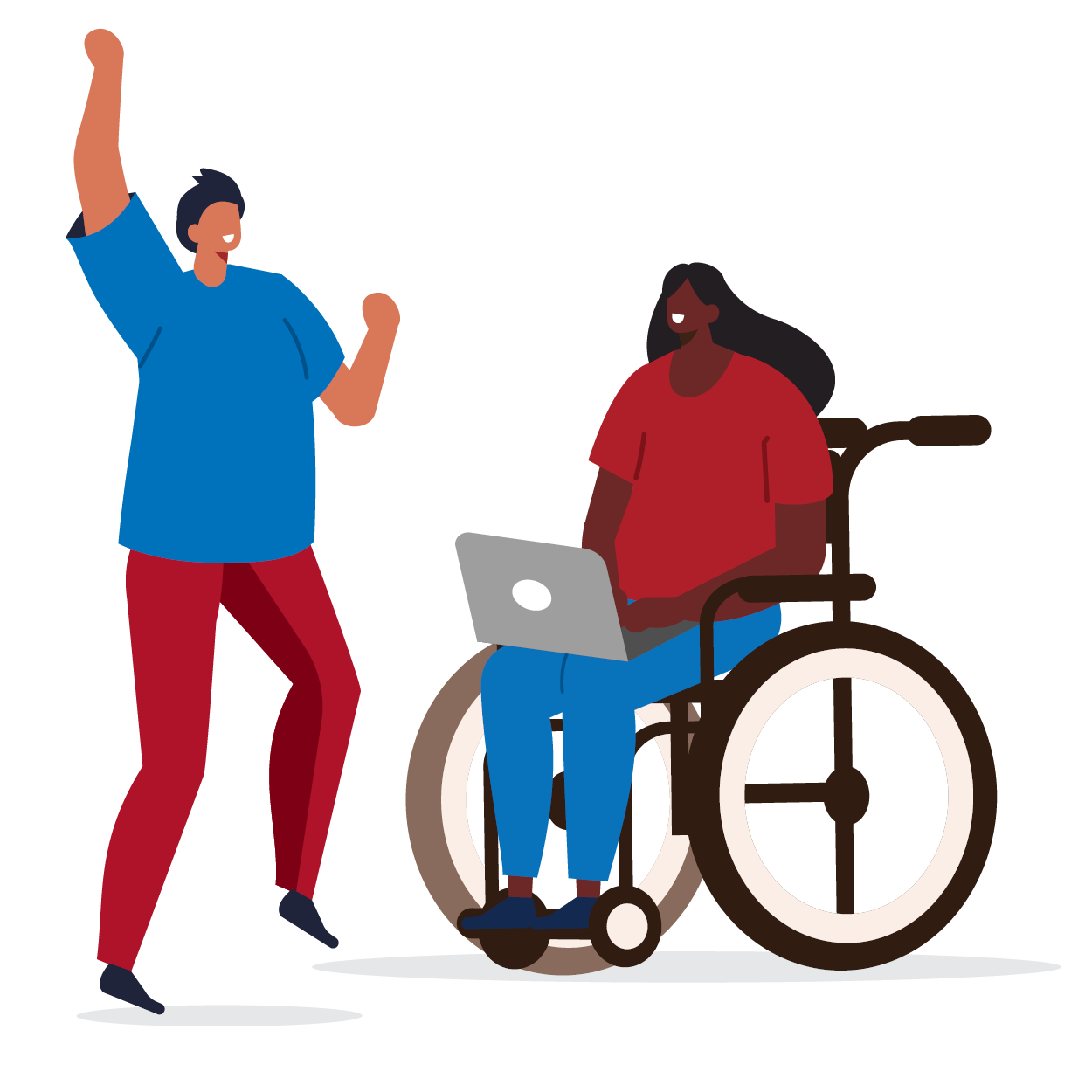 two graphic-style students one in a wheelchair with laptop the other cheering