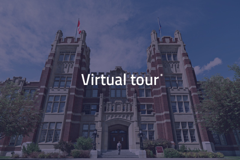 A photo of Heritage Hall from the outside with text saying virtual tour