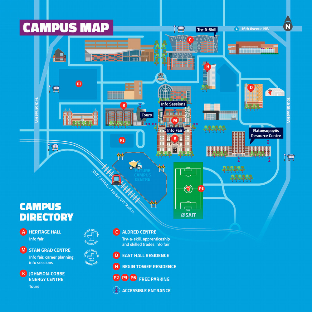 Colorful campus map illustrating various buildings, facilities, and points of interest, including the info fair and accessible entrance locations.