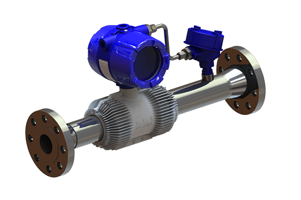 A rendering of the MK3 FLOW meter, which looks like a silver metal pipe with a blue computer housing on the top and a blue pressure valve.