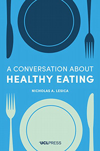 Book cover for a conversation for healthy eating with an illustration of a couple of plates with knoves and forks on a blue background.