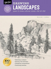 Book cover for drawing with a pencil drawing of a mountain landscape on the front.