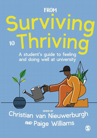 Book cover for from surviving to thriving with an illustration of someone watering a plant on the front.