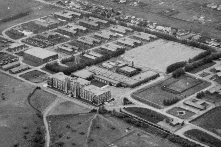 Aerial photograph of H block buildings, 1947.