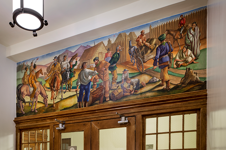 Full view of Ron Spickett mural in Heritage Hall.