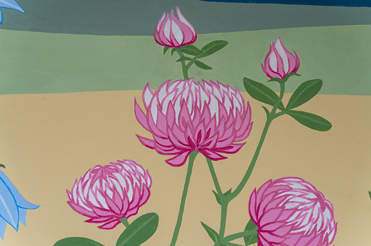 Close up of pink puffy flowers on mural.