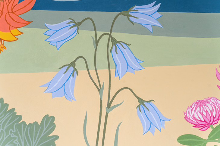 Close up of blue bell flowers on mural.