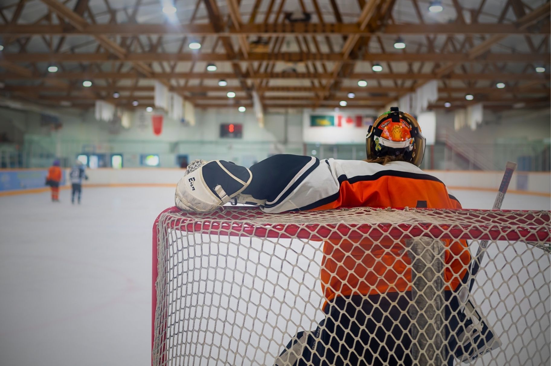 photo of the back of a goalie in a net on the ice