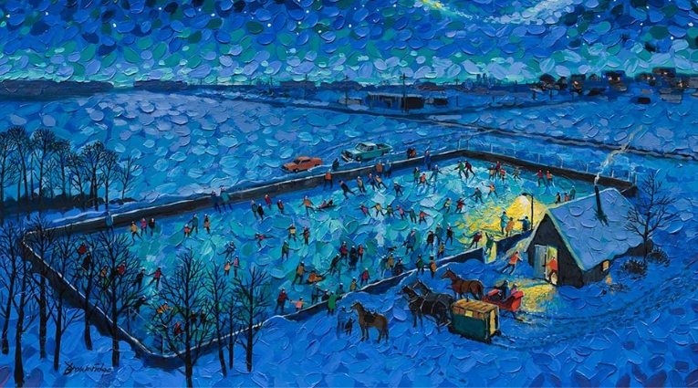 Impressionist style of people skating on outdoor ice rink