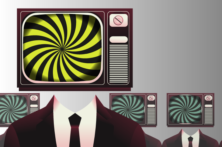 graphic of old televisions with swirls on screens wearing suits