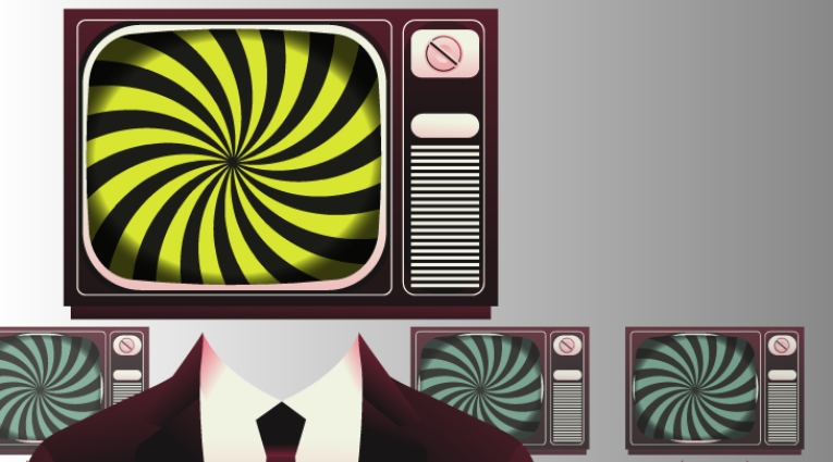 graphic of old televisions with swirls on screens wearing suits