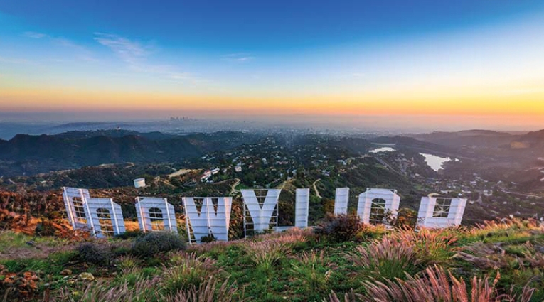 The Hollywood sign seen from behind.