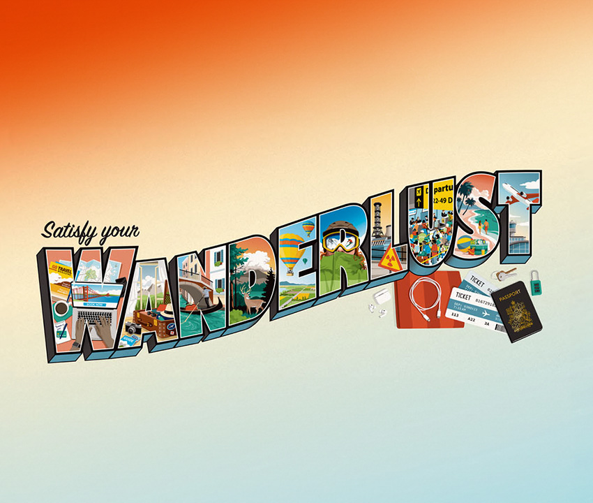 Illustration of travel images inside the word wanderlust
