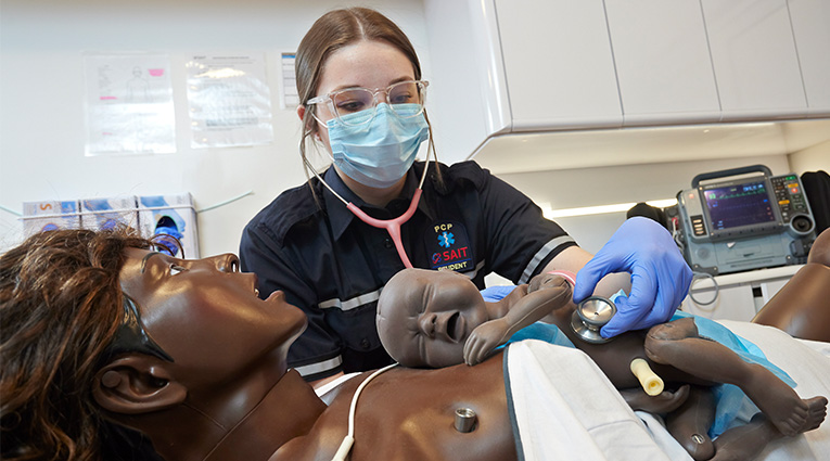 Female student assessing training Manikins in a mock ambulance