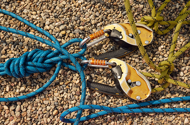 Close up of heavy duty carabiners and ropes.