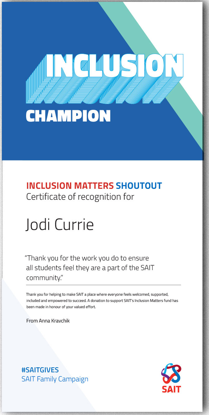 A copy of a Shout Out for SAIT employee Jodi Currie