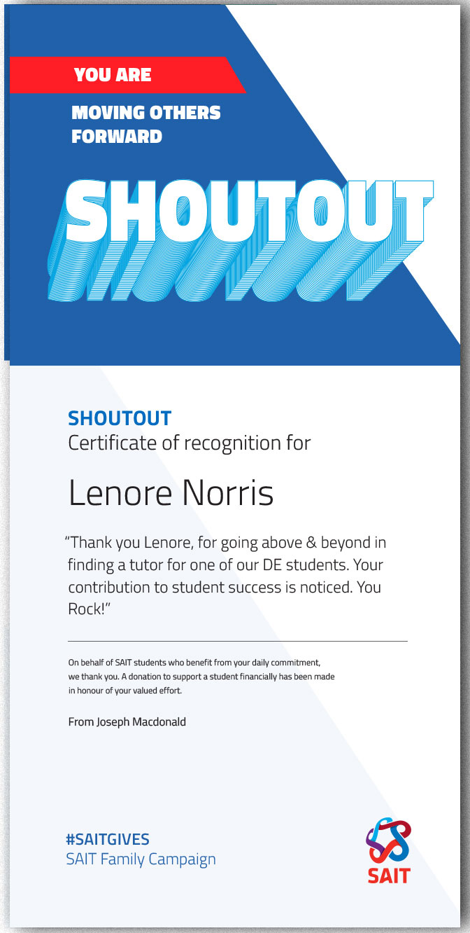 A copy of a Shout Out for SAIT employee Lenore Norris.
