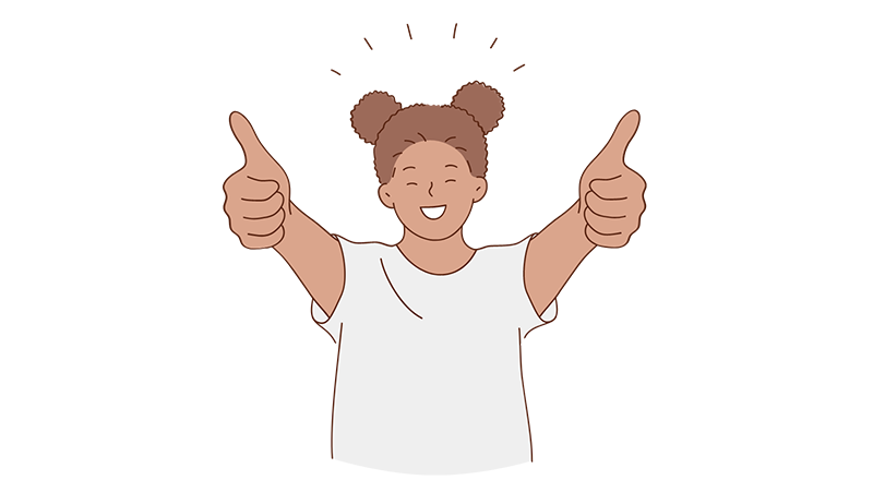 Graphic showing a person smiling and holding two thumbs up in front of them