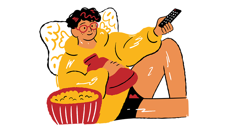 graphic showing a person watching tv with the remote in one hand and a bowl of popcorn next to them