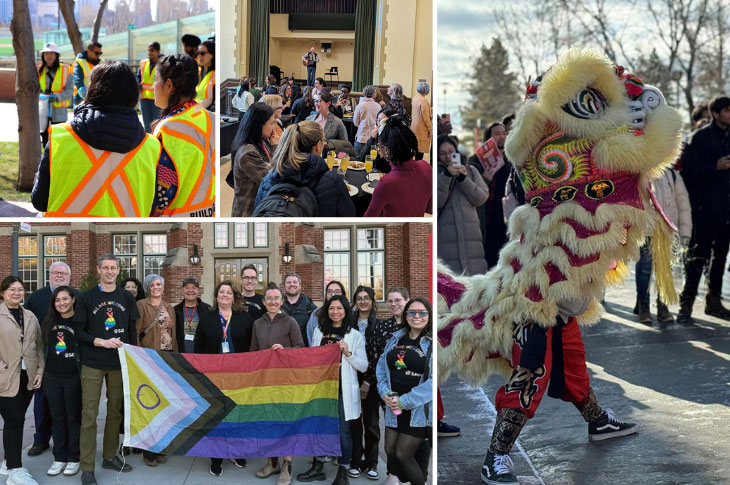 collage of events on campus, including Earth Day Campus Cleanup, International Women's Day, Lunar New Year, Pride Week 