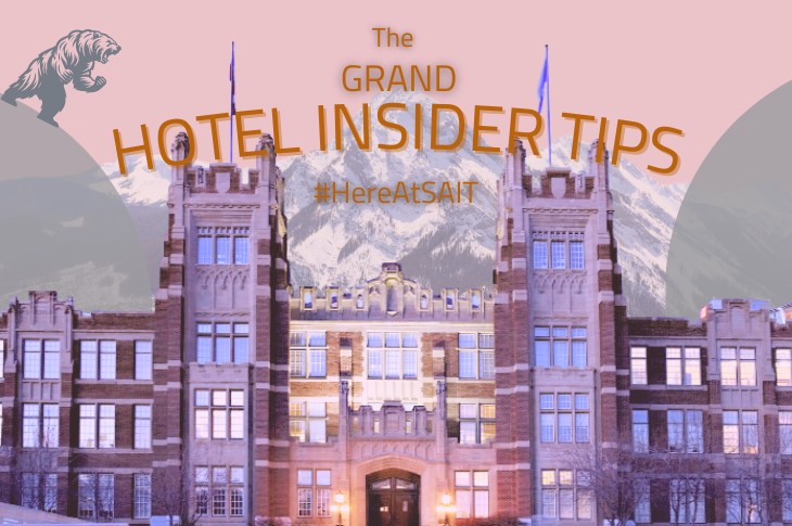wes anderson-inspired visual of heritage hall with the title, "the grand hotel insider tips"