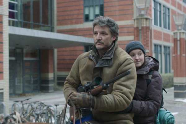 Joel, played by Pedro Pascal, and Ellie, played by Bella Ramsey, ride a horse through SAIT campus.