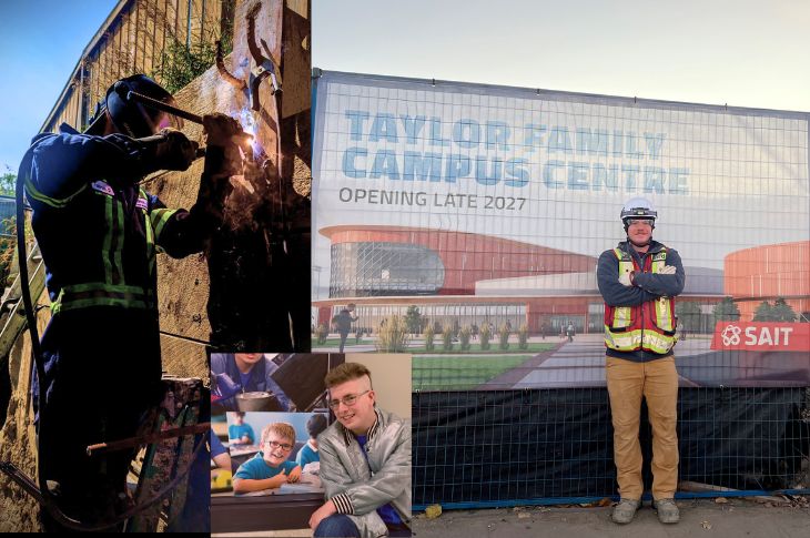 jared, tanner and joey are all visible either in work clothes or at a SAIT camp, posing for the camera