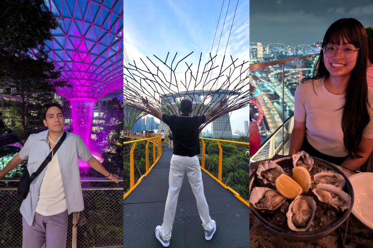 Students Andres-Daniel Torres-Ferrerosa (left), Mae Ison (right) and new grad Sean McIntyre (centre) pose at various sights in Singapore.