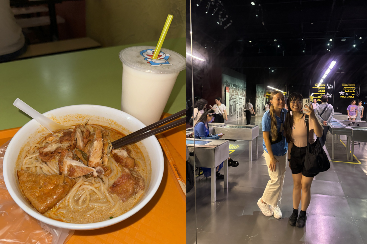 Two photos Mae took - one is a photo of her bowl of laksa, and one is a selfie she took with another student at a museum.