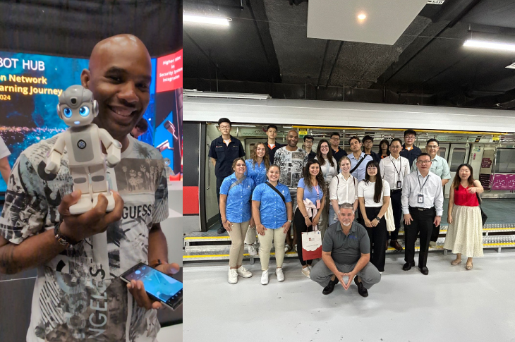 A student holds up a robot and smiles in a robot hub classroom. A group of students stand gathered outside of a real MRT train car and smile for a photo.