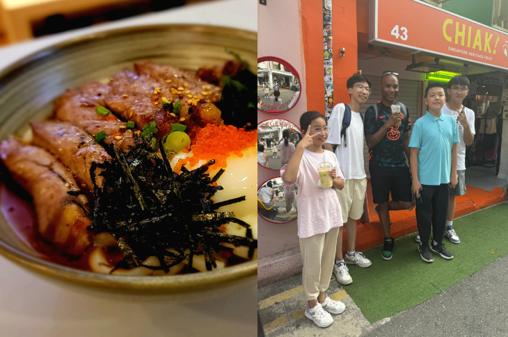 Two photos of Sean - one he took of his bowl of soup topped with egg and meat, another is of him and some local youth in Singapore.