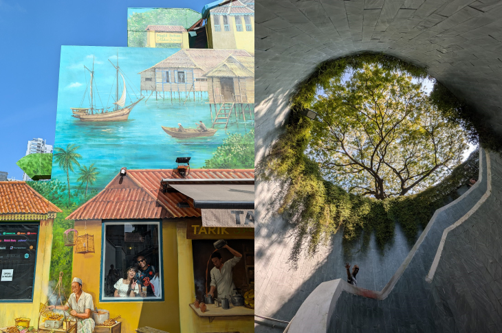 Two photos of Sean - one with Mae standing inside a coffee shop with a mural painted on the outside of a small yellow building on the water. They are posing in the window of the shop. The second photo is of Sean posing in front of a tree visible from a below ground tunnel.