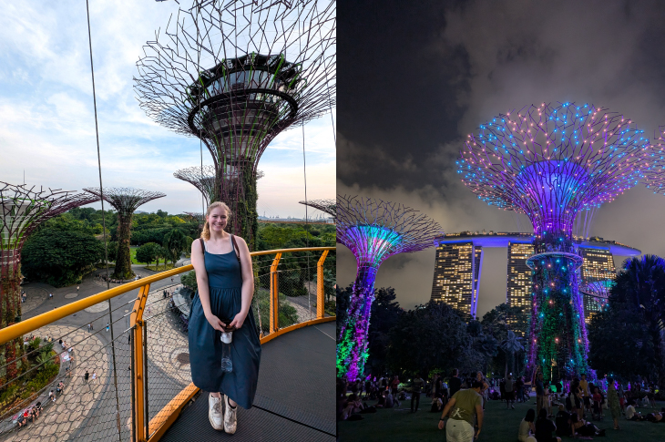 A student stands in front of Supertrees in Singapore's Gardens by the Bay.