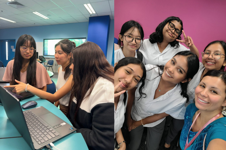 Photos of students in classrooms with local Singaporean students.