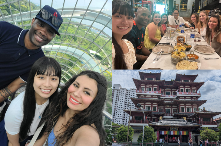 A collage of images of students taking a self in a cloud forest, students eating a meal in Little India and an external shot of a Buddhist temple.