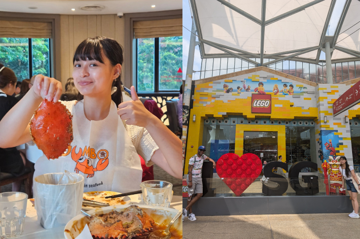 A student holds up a shell from chili crab, and in another photo two students pose by a I love (heart symbol) SG sign on Sentosa Island.