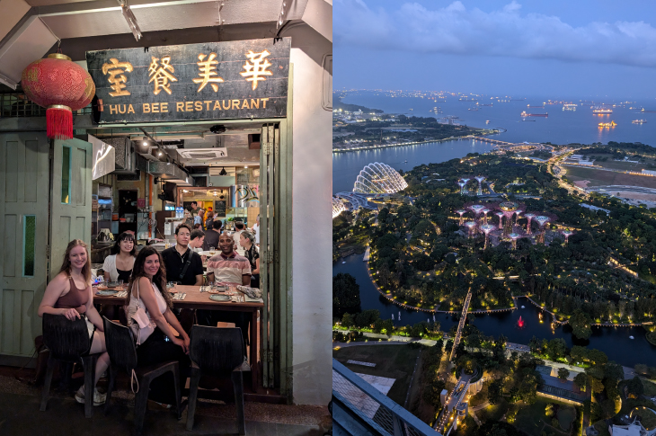 A collage of two images, one showing students eating at a local restaurant, another of the view of the Gardens by the Bay and ocean from the top of the Marina Bay Sands hotel at dusk.