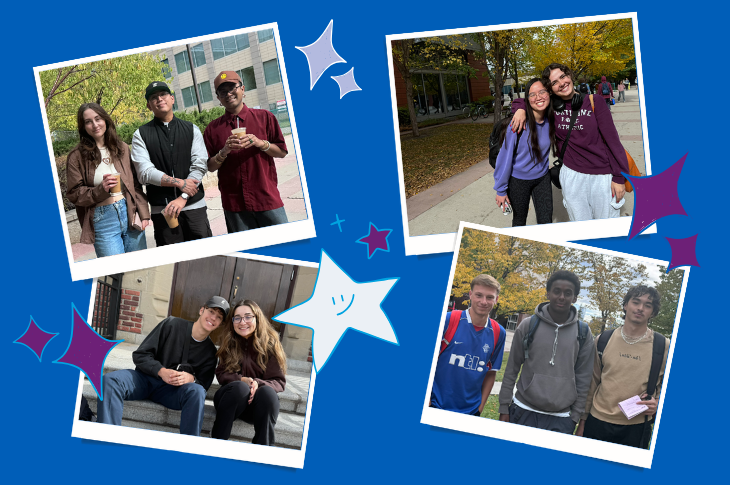 A collage of four group photos of friends on a blue background.