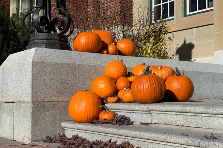 Pumpkins are piled on the stone steps of a building.