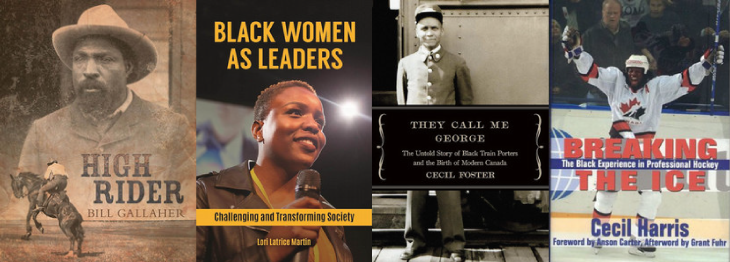 A series of four book covers for Black History Month, including High Rider, Black Women As Leaders, They Call Me George and Breaking The Ice.