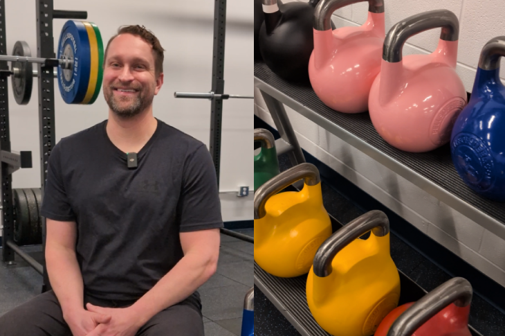 Instructor Dustin Moore sits smiling in SAIT's Fitness and Wellness Lab, next to some colourful dumbbells.